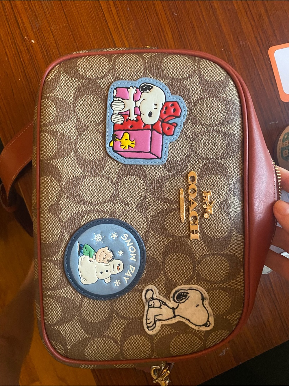 Coach Kids Brown Signature Canvas Crossbody with Red Trim and Snoopy Patches